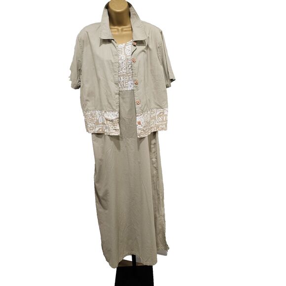 Two Piece Dress Womens Med Modest Tan White Maxi Shift Cottagecore Excitation - Picture 1 of 8